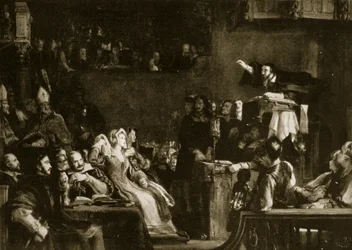 John Knox predicando ante los Señores de la Congregación en la Catedral de St. Andrews, 1559, ilustración de 